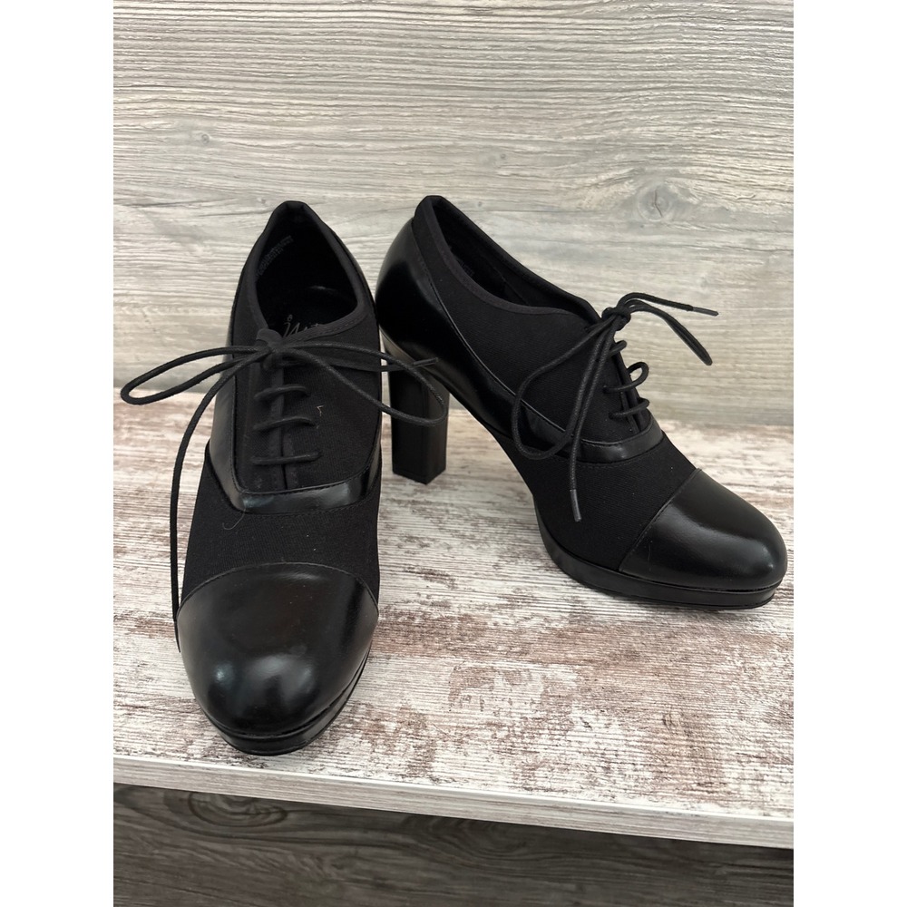 Womens Black Lace Up Oxford Block Heel Booties Round Toe Mixed Media Shoes Siz 8